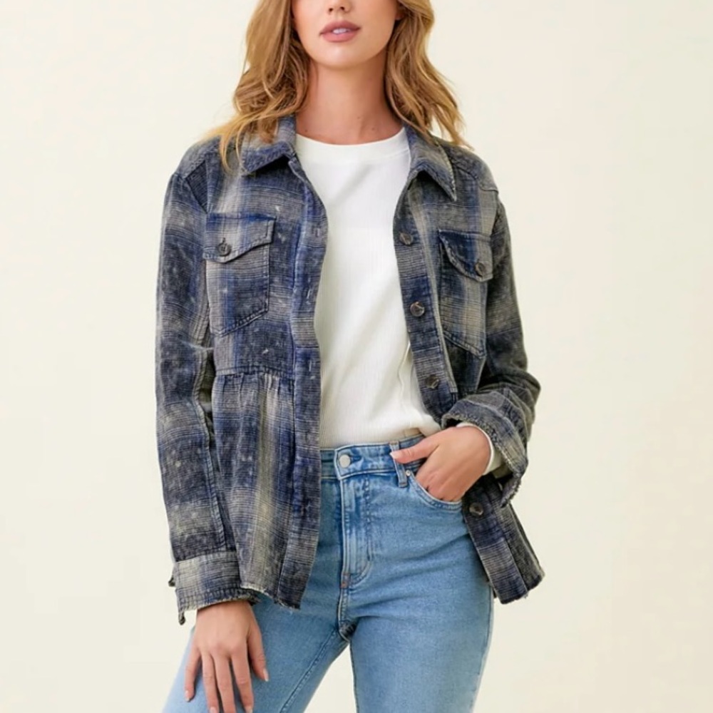 Mystree Washed Blue Gray Plaid Peplum Shacket Medium